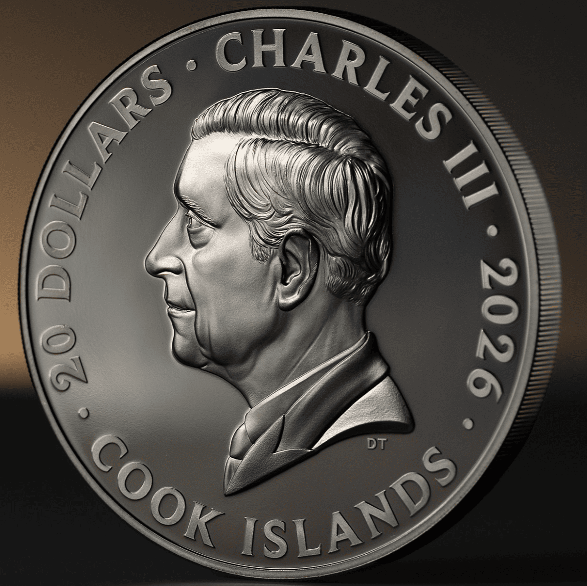Close-up of 2026 Cook Islands silver coin featuring Charles III, 3 oz weight, minted in 2026, black proof finish, a.