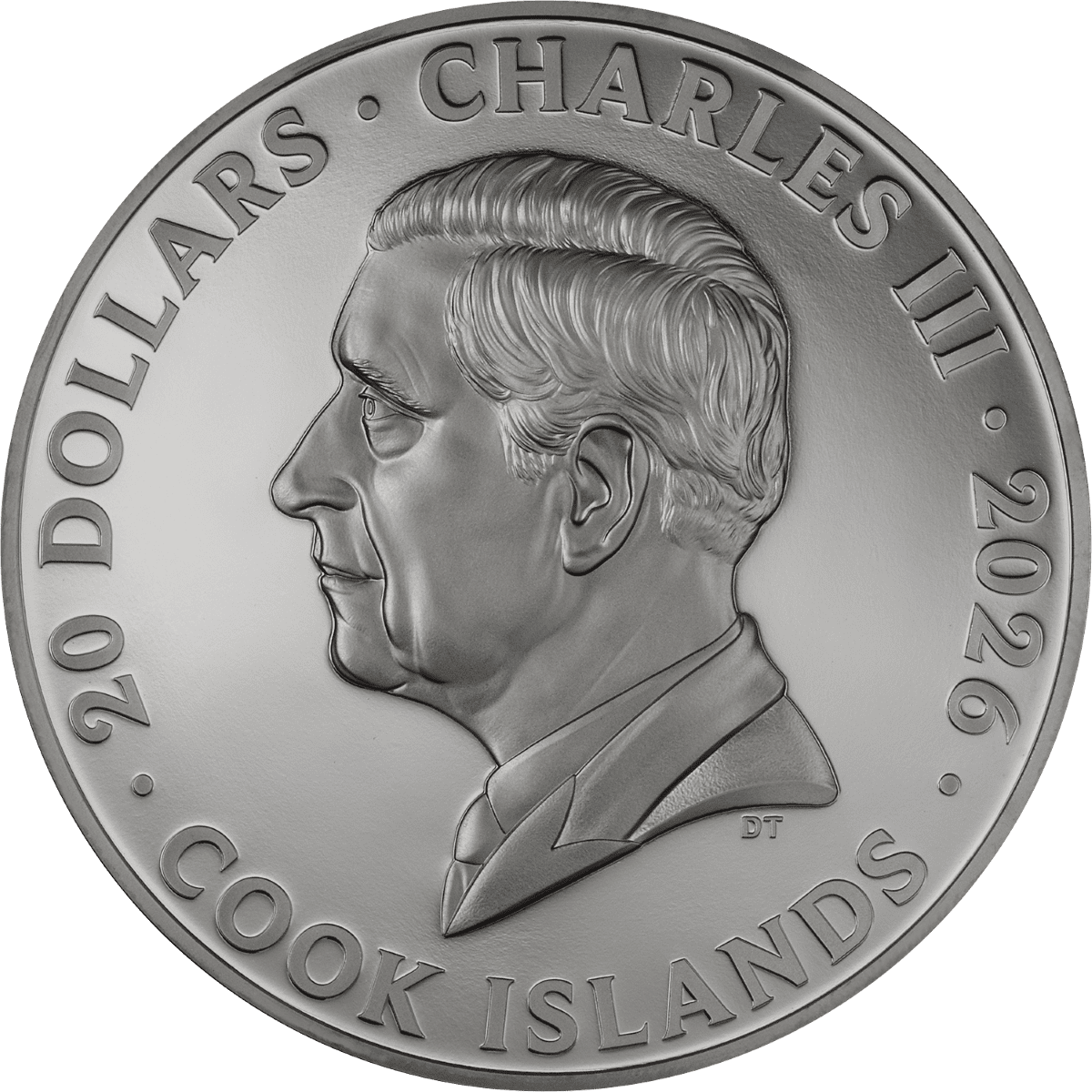 2026 Cook Islands silver proof coin featuring Charles III, 3 oz weight, minted by GR, angled view, colorized black.