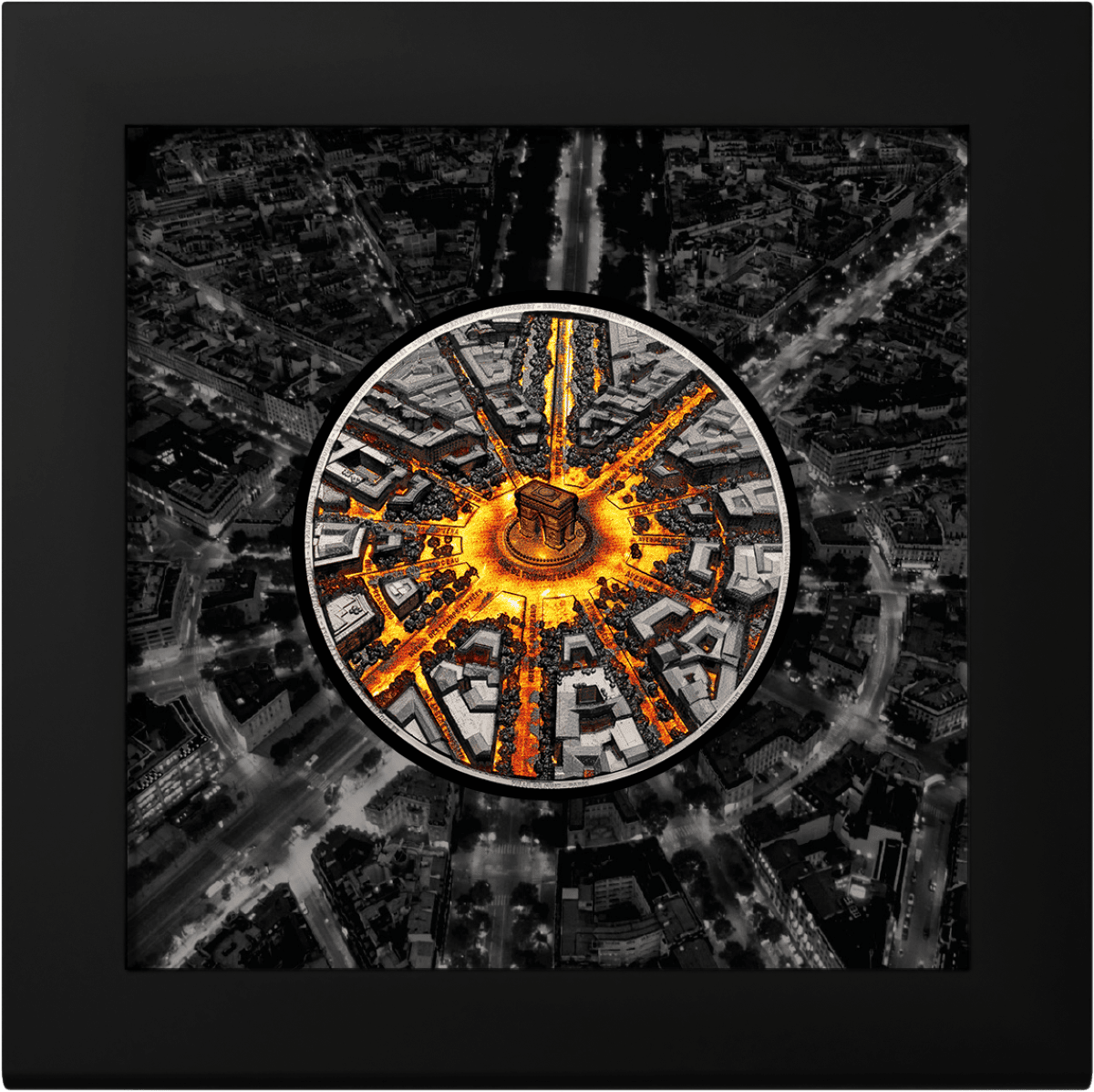 2026 Cook Islands Ville De Nuit Paris 3 oz Silver Colorized Black Proof, angle view, 2026, mint, 3 oz weight, Paris.