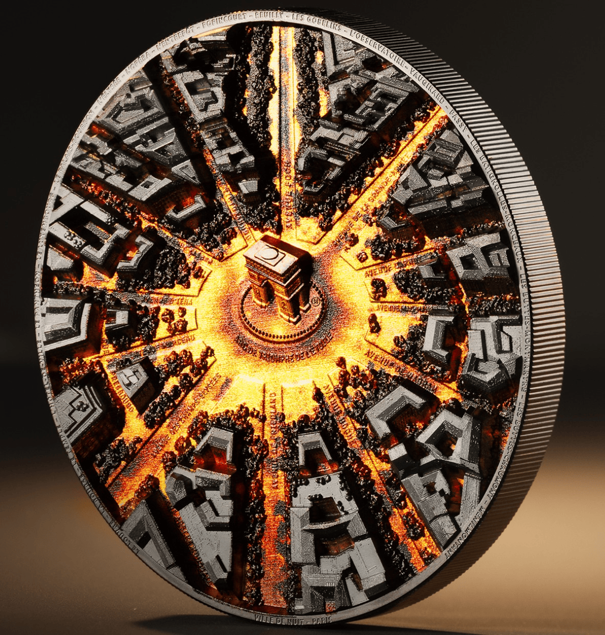 Shiny silver 2026 Cook Islands Ville De Nuit Paris 3 oz colorized black proof coin, featuring an oblique view of th.