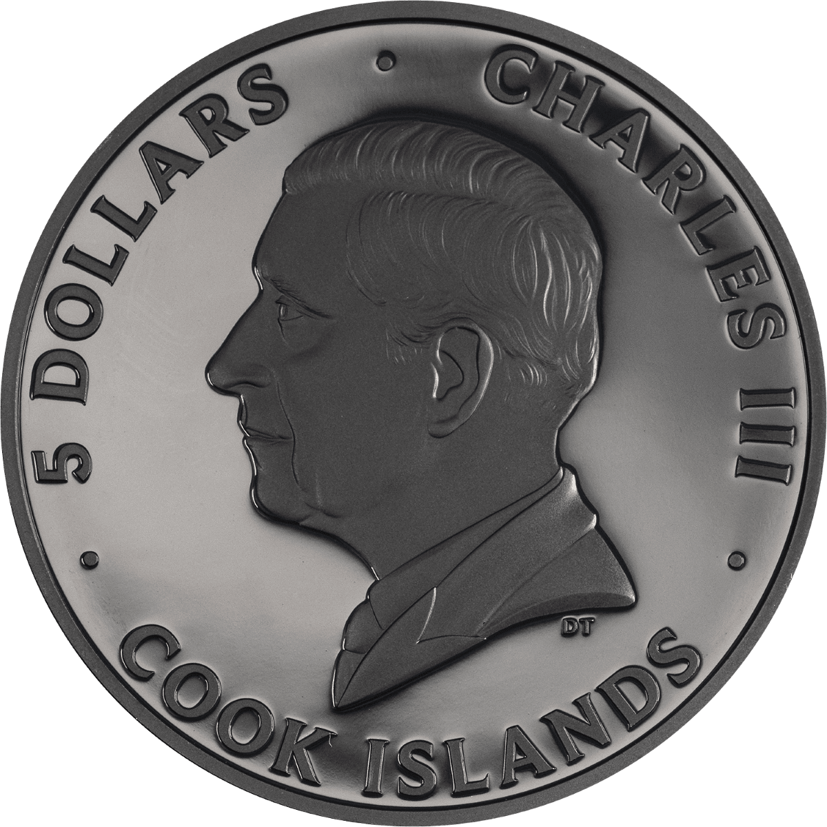 Silver coin, 2026 Cook Islands Wave 1 oz, black obsidian finish, minted by Cook Islands, angled view showcasing int.
