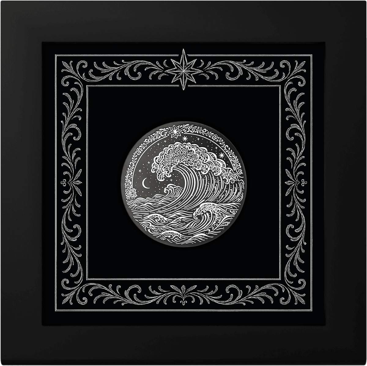 2026 Cook Islands Wave 1 oz Silver Obsidian Black Coin, front angle, 2026, Cook Islands Mint, 1 oz, ocean wave them.