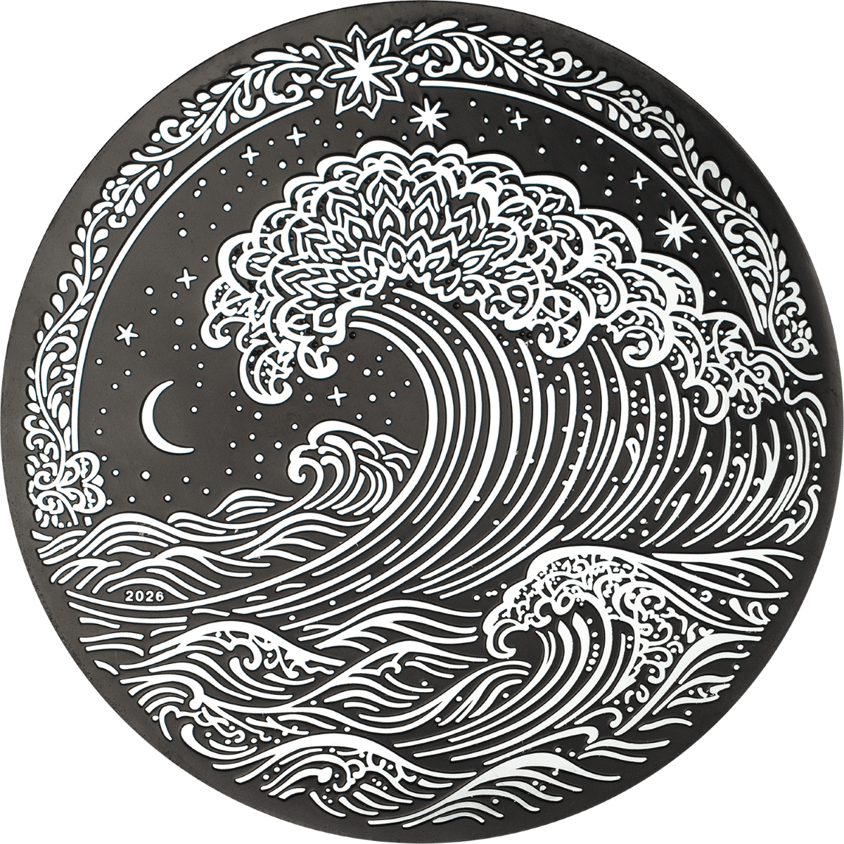 Intricate black coin featuring a detailed wave design, 2026, Cook Islands mint, 1 oz silver, with obsidian black fi.