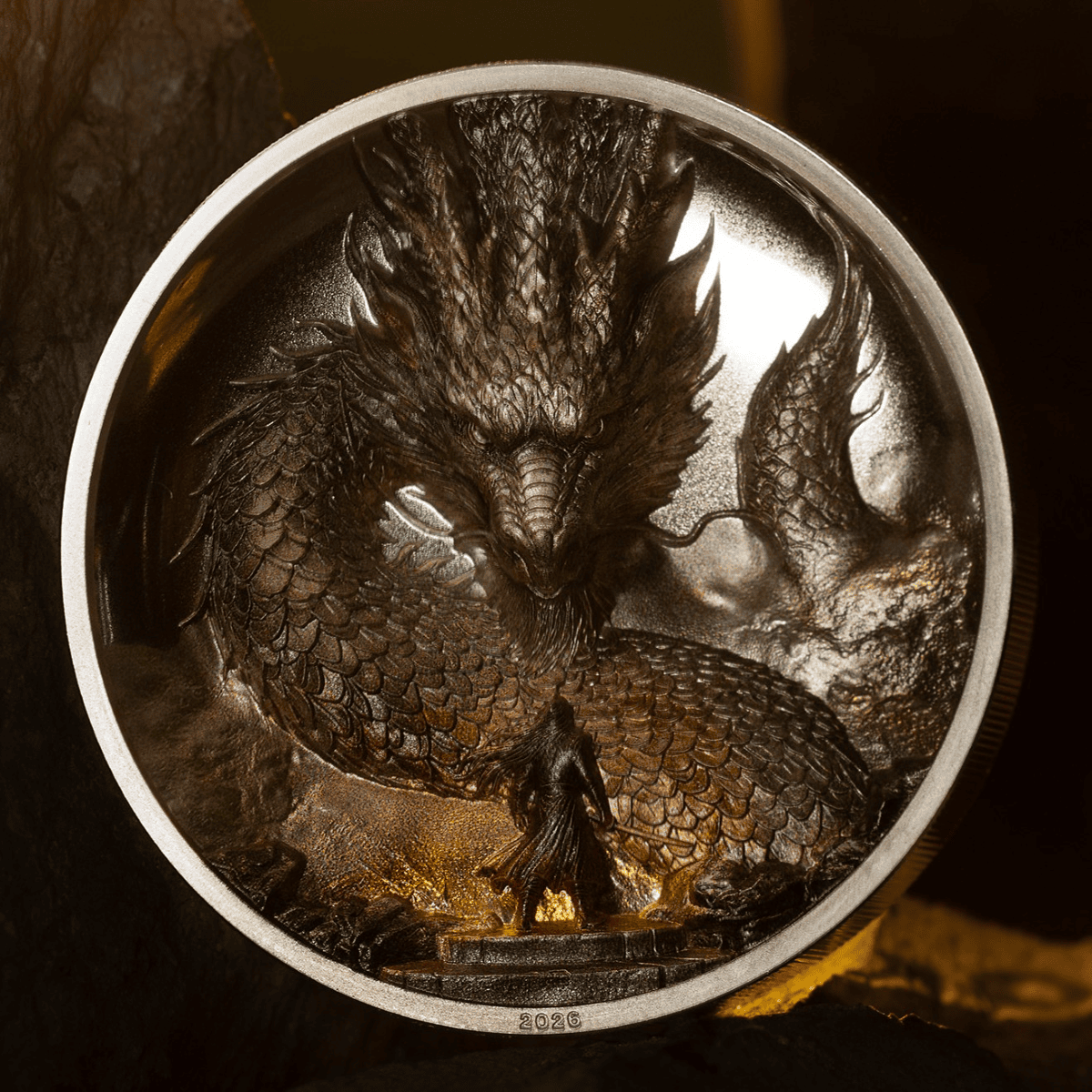 Majestic dragon design on 2026 Cook Islands Thunder Dragon 3 oz silver colorized proof coin, minted by GR Reserve,.