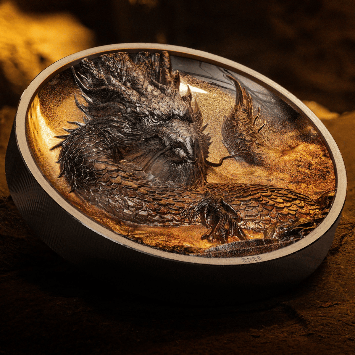 Intricate 2026 Cook Islands Thunder Dragon 3 oz Silver Colorized Proof Coin, minted by the GR Reserve, showcasing a.