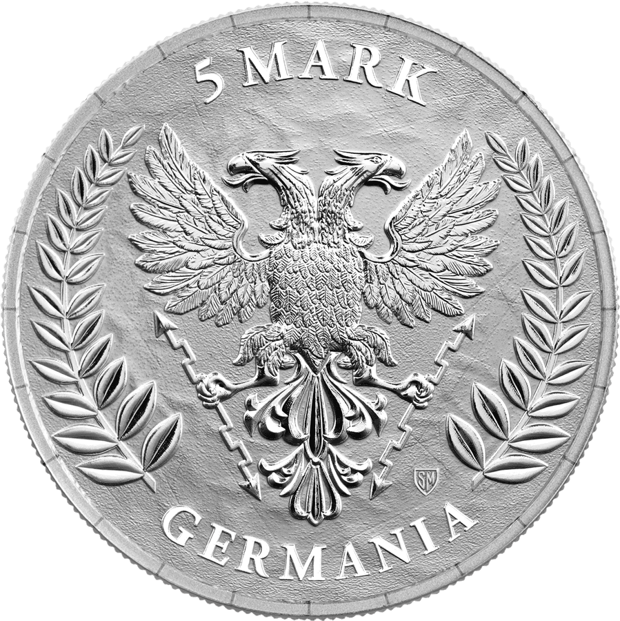 A LT tag: Germania Queen on the Throne 2026 1 oz Silver BU coin, minted by GR Reserve, angled view, featuring detai.