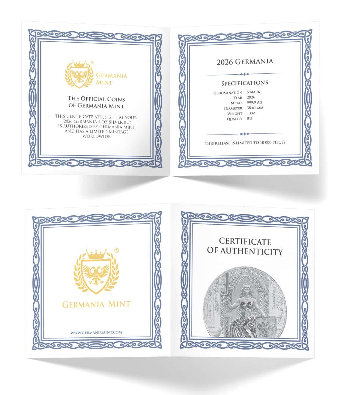 Shiny front view of Germania Queen on the Throne 2026 1 oz silver coin in lens capsule, minted by Germany, showcasi.