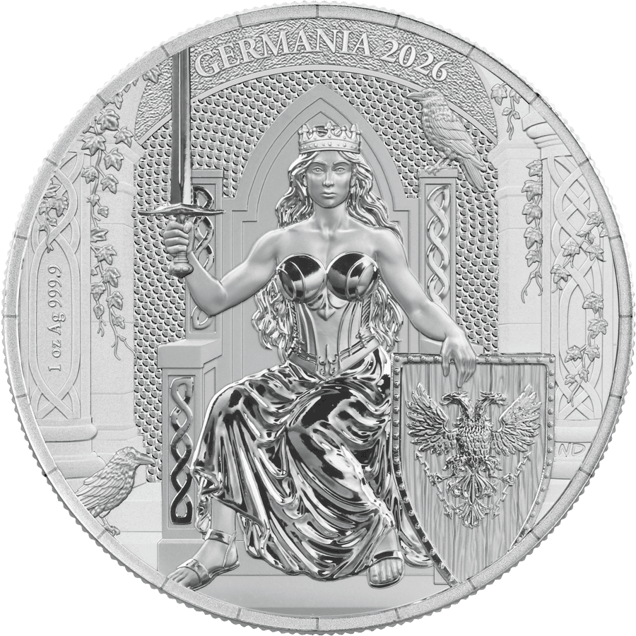 Intricate side view of the 2026 Germania Queen on the Throne 1 oz Silver BU coin, minted in Germany, showcasing det.
