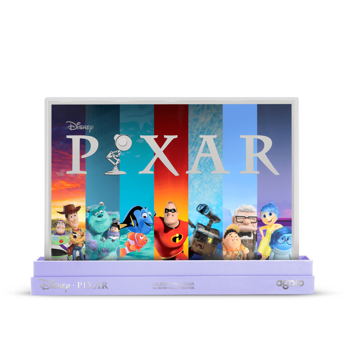 Bright angle of 2026 Niue Disney Pixar 40th Celebrating Pixar 1 oz Silver Colorized Proof Foil GR Reserve Front Pac.