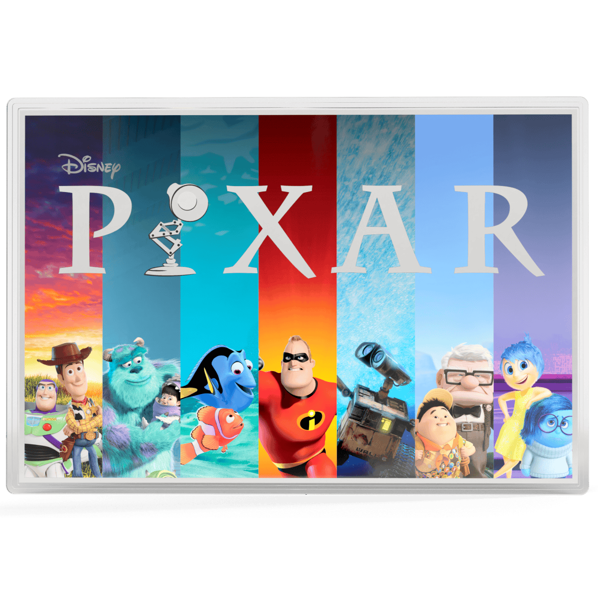 Bright angle of the 2026 Niue Disney Pixar 40th Anniversary silver proof foil, minted in 2026, weighing 1 oz, celeb.