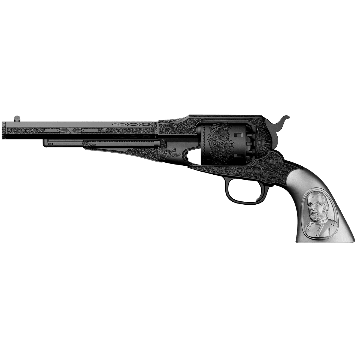 Ulysses S. Grant revolver-themed 2026 Silver Antiqued Coin, 2 oz, minted by GR, angled view, collectible historical.