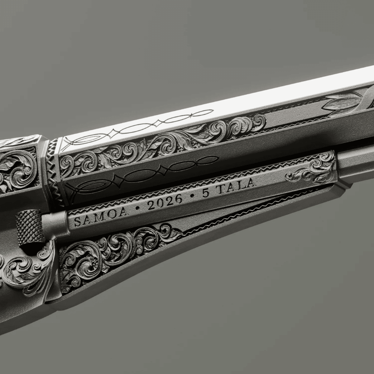 Close-up of 2026 Ulysses S. Grant revolver silver coin, detailed engravings, 2 oz weight, minted by GR Reserve, ant.