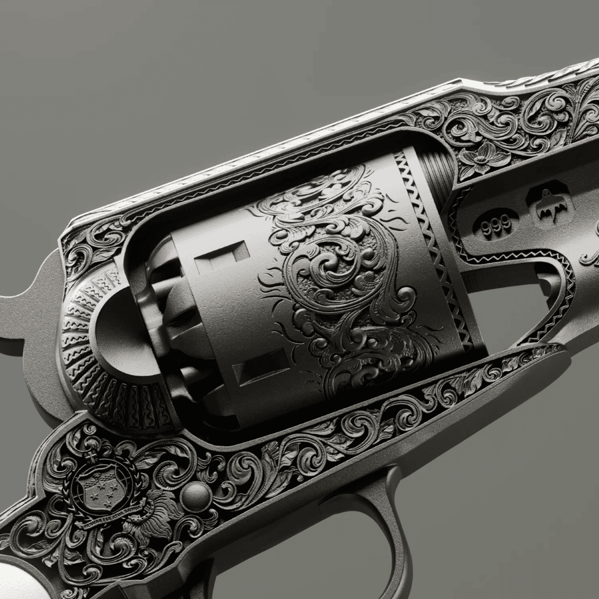Intricate close-up of the 2026 Spectres Ulysses S. Grant Revolver 2 oz Silver Antiqued Coin, minted in 2026, showca.