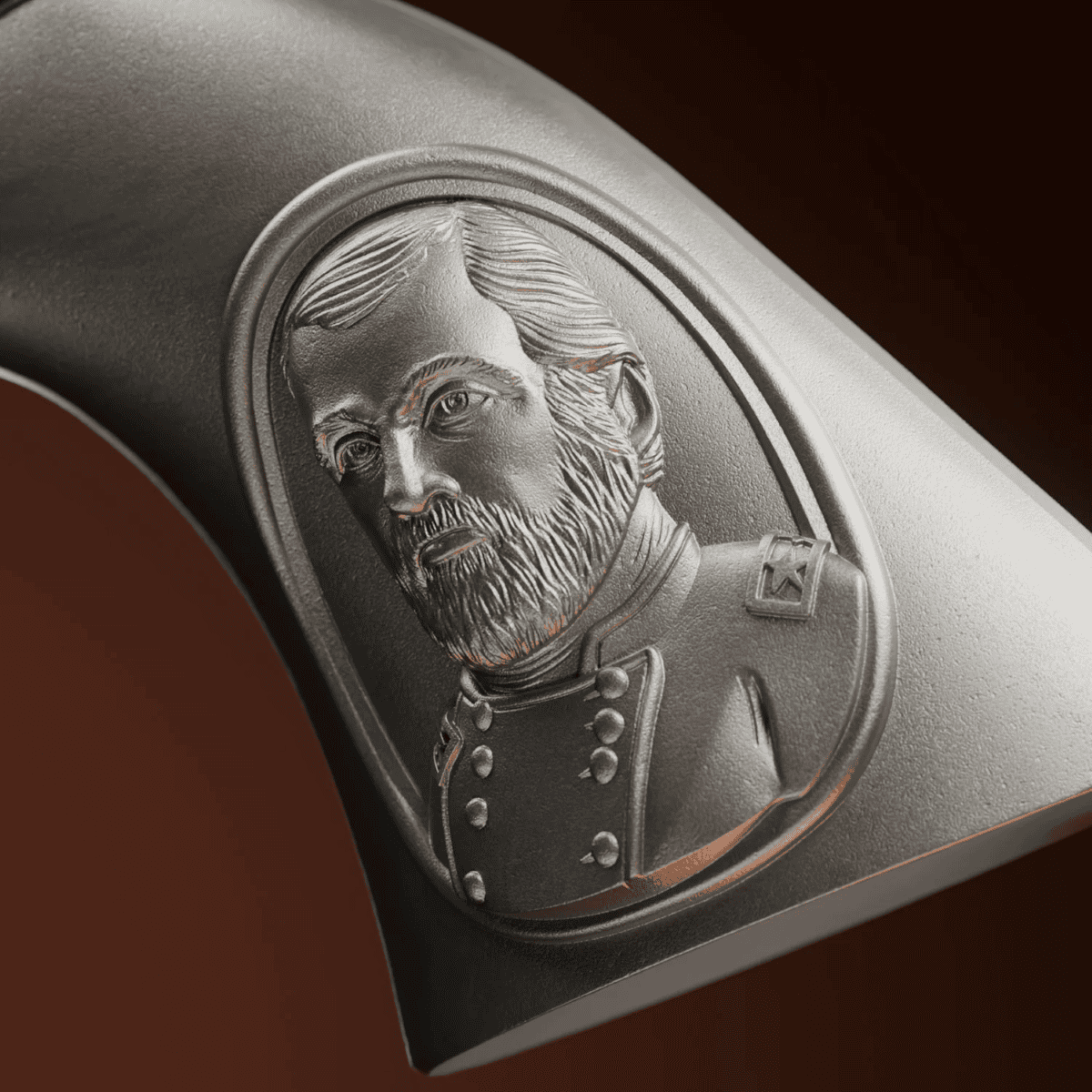 Ulysses S. Grant revolver-themed 2026 silver coin, antiqued finish, 2 oz weight, minted by GR, angled view highligh.