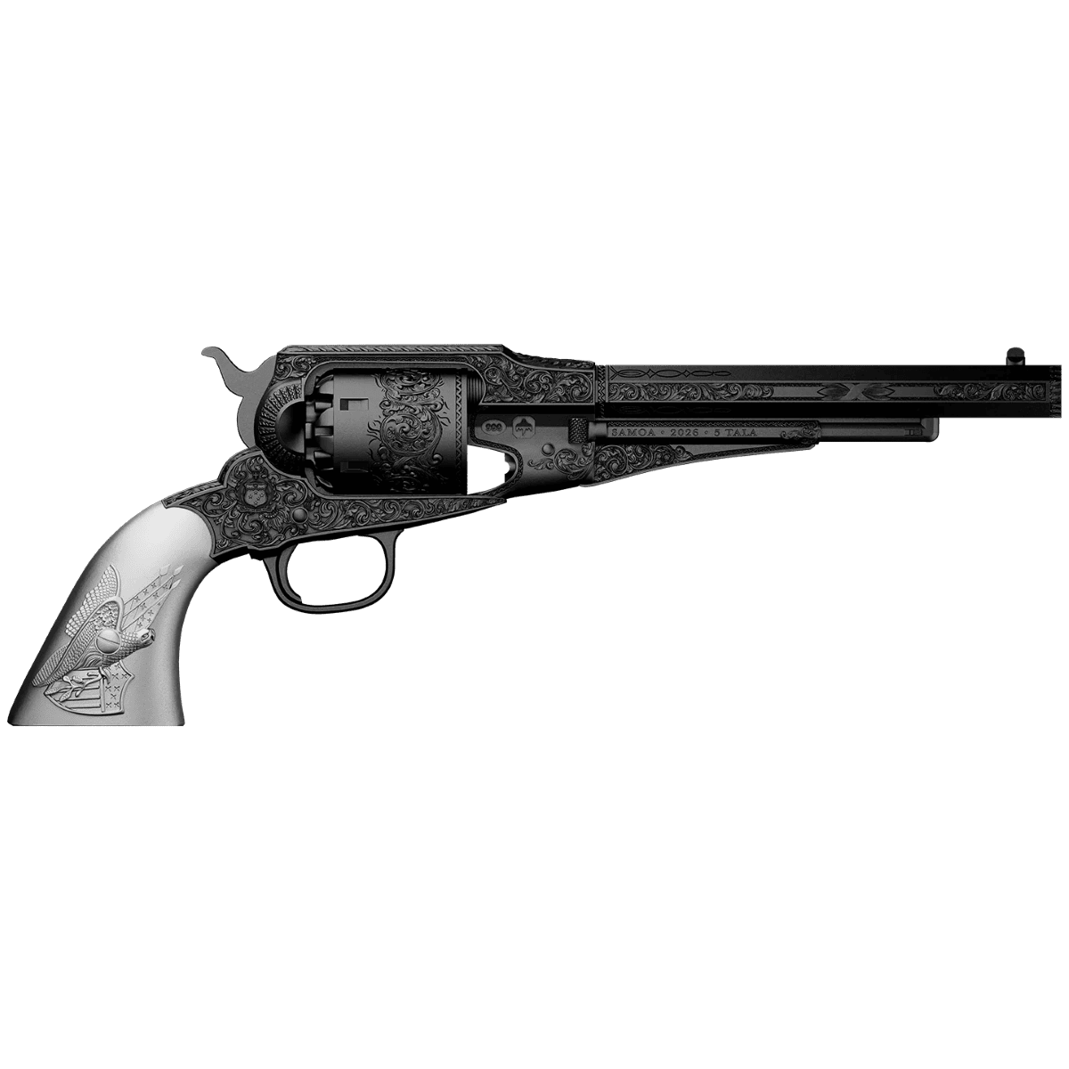 Themed revolver image, 2026, U.S. Mint, 2 oz silver, antiqued finish, front view, collectible coin.