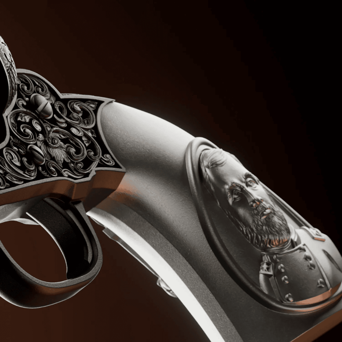 Ulysses S. Grant revolver-themed 2026 silver coin, 2 oz antiqued finish, minted by GR, detailed angle, collectible.