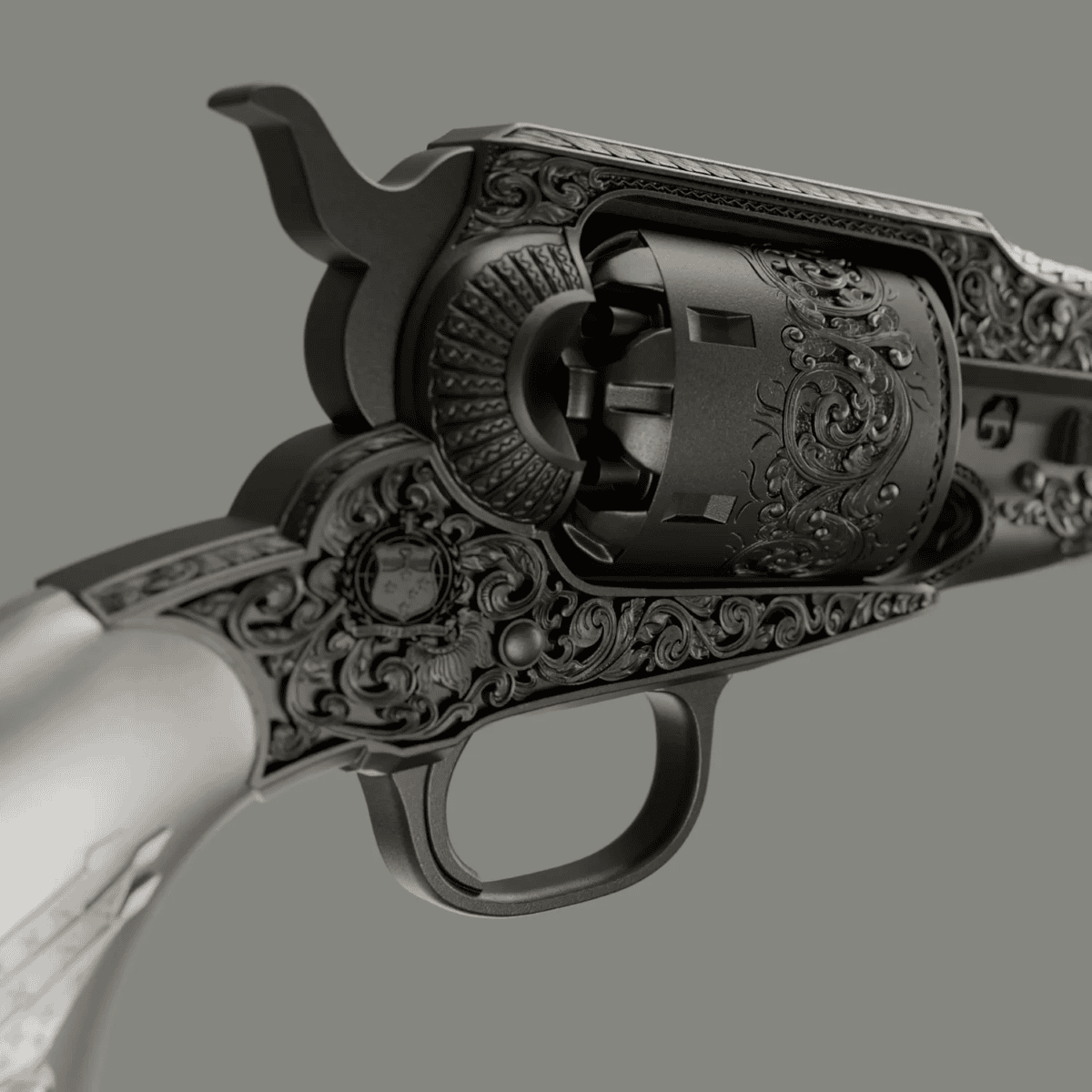 Themed revolver, 2026, U.S. Mint, 2 oz silver, antiqued finish, detailed engravings, collectible firearm replica.