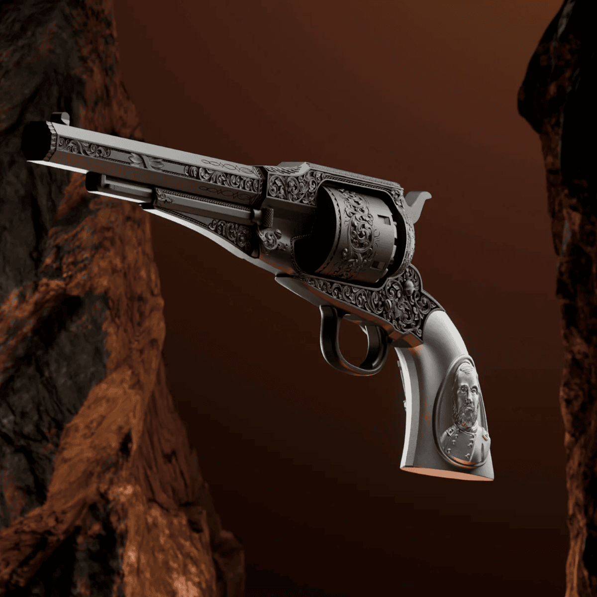 Intricate engraved revolver from 2026, minted by the U.S. Mint, 2 oz silver antiqued coin, showcasing Ulysses S. Gr.