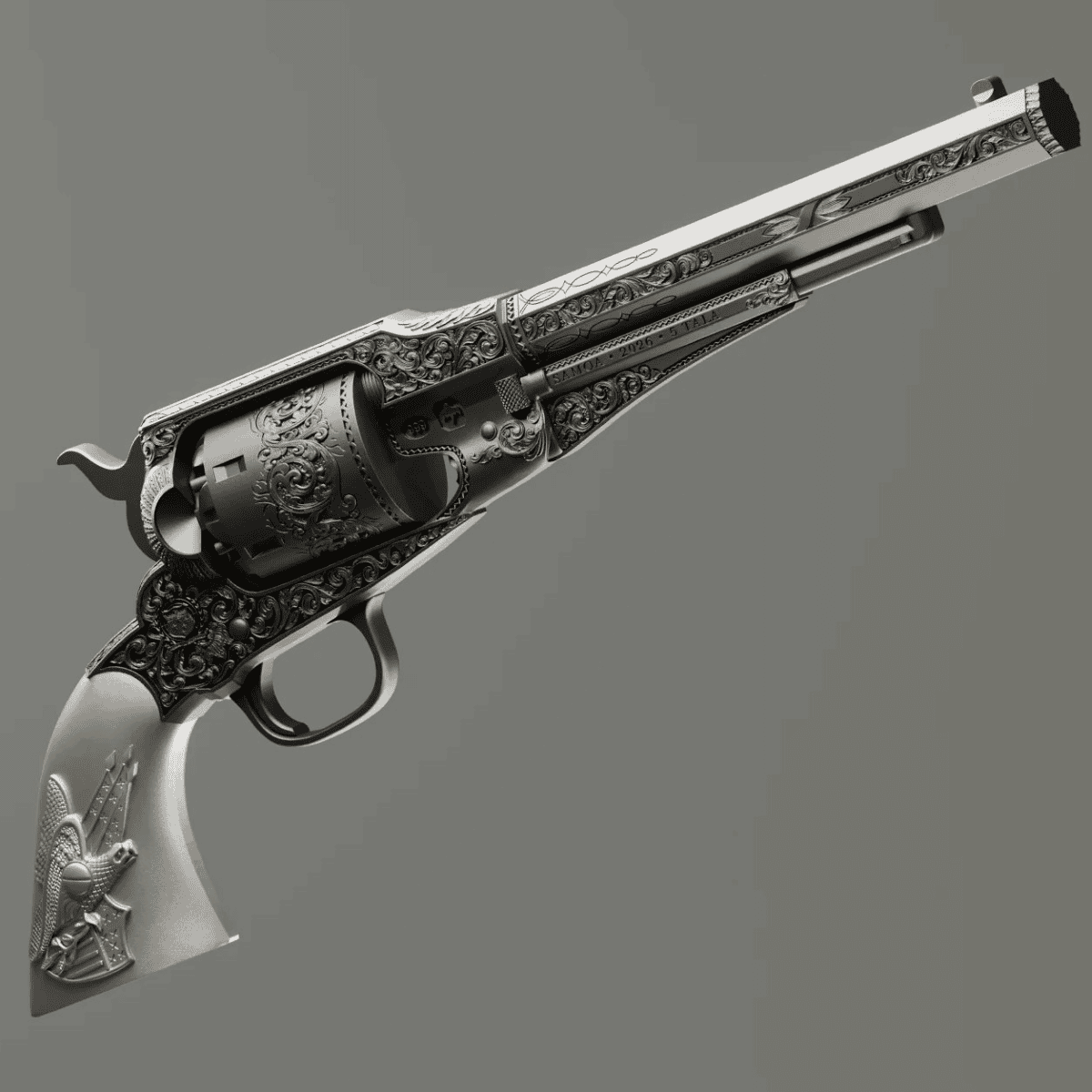 Intricate engraved revolver from 2026, minted by GR Reserve, 2 oz silver antiqued coin, angled view showcasing deta.