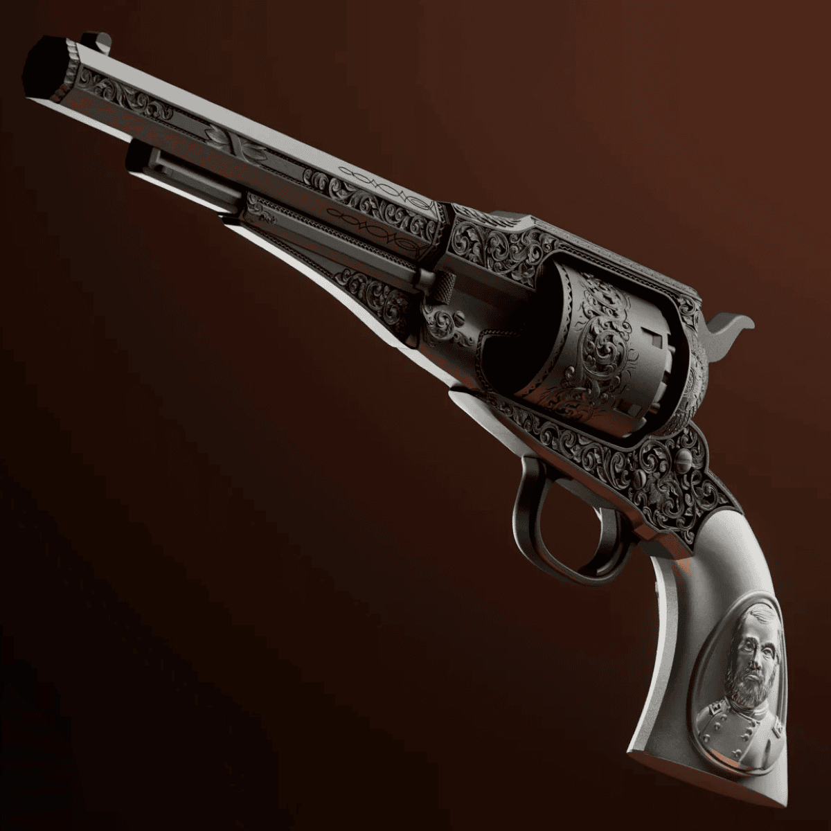 Intricate engravings on the 2026 Ulysses S. Grant revolver silver coin, minted in 2026, showcasing detailed craftsm.