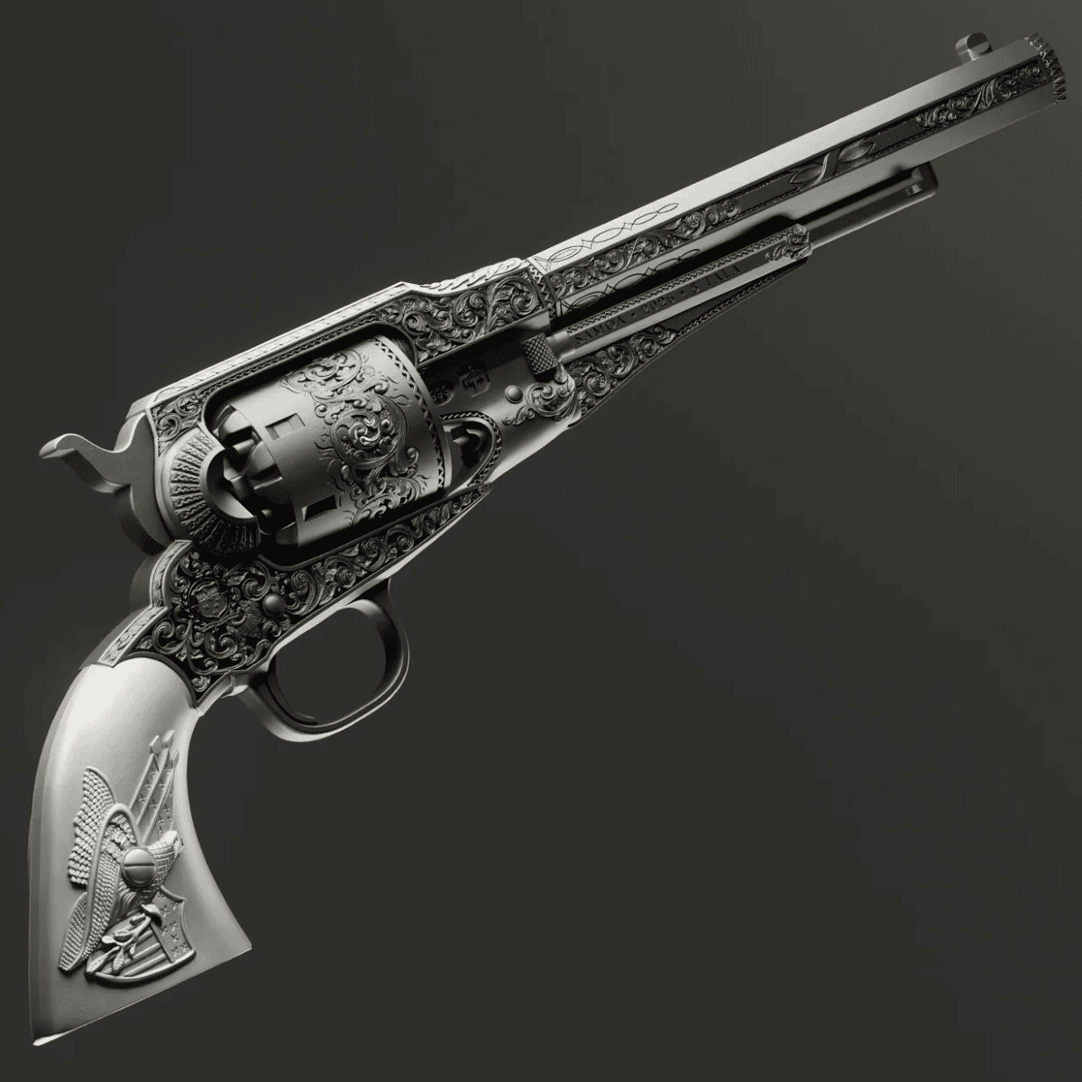 Intricate engraved revolver coin from 2026, minted by GR, 2 oz silver antiqued, viewed from an angle showcasing det.