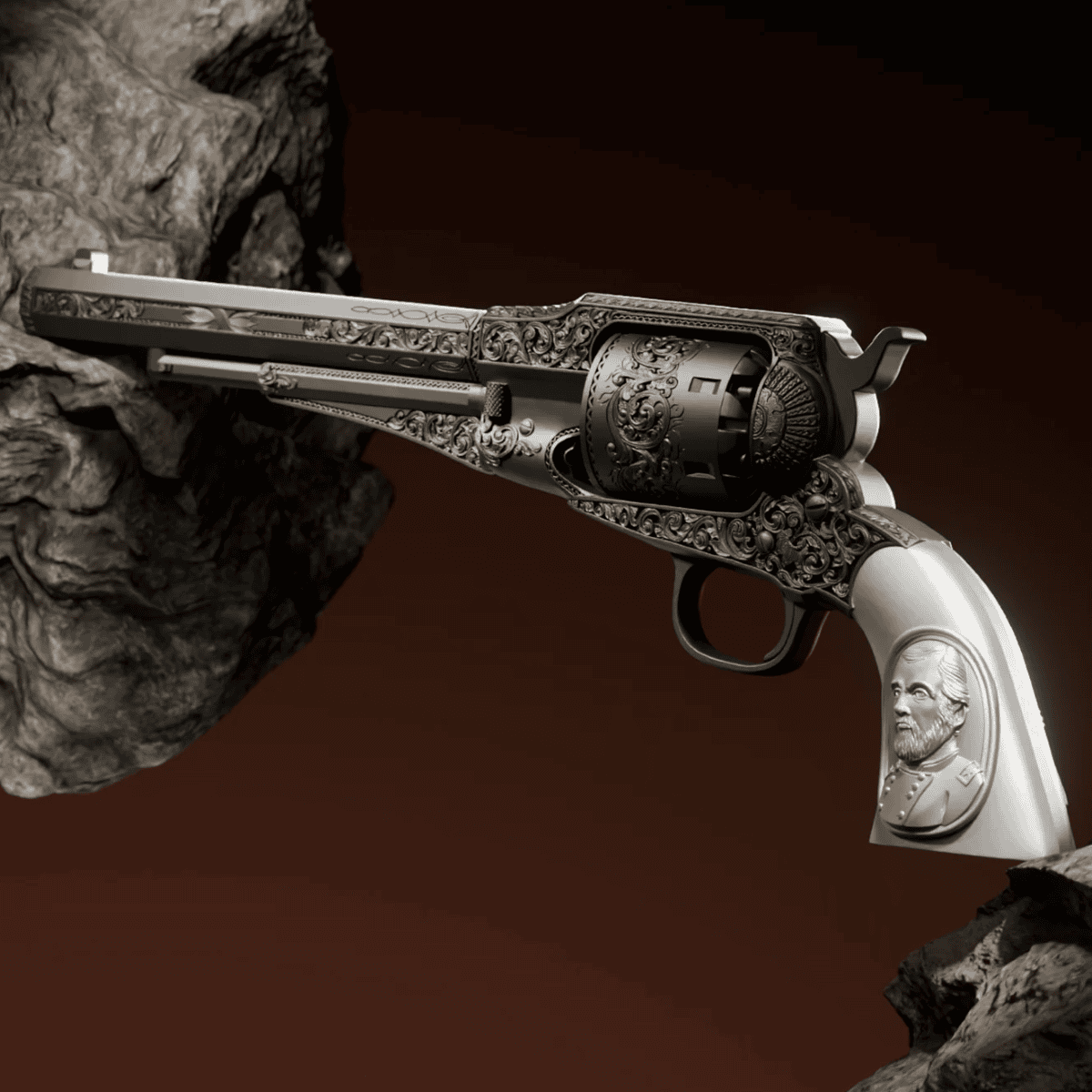 Antique silver coin featuring Ulysses S. Grant's revolver, 2026, minted by GR, 2 oz weight, angled view, themed col.