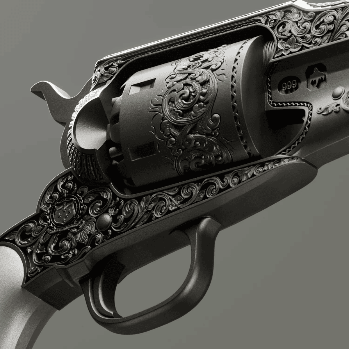 Intricate engraved revolver side view, 2026 Ulysses S. Grant Silver Coin, 2 oz antiqued silver, minted in 2026, det.