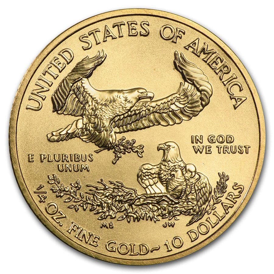 American Eagle .25 oz Gold BU Coin, random year, viewed from the front angle, minted by the US Mint, showcasing det.