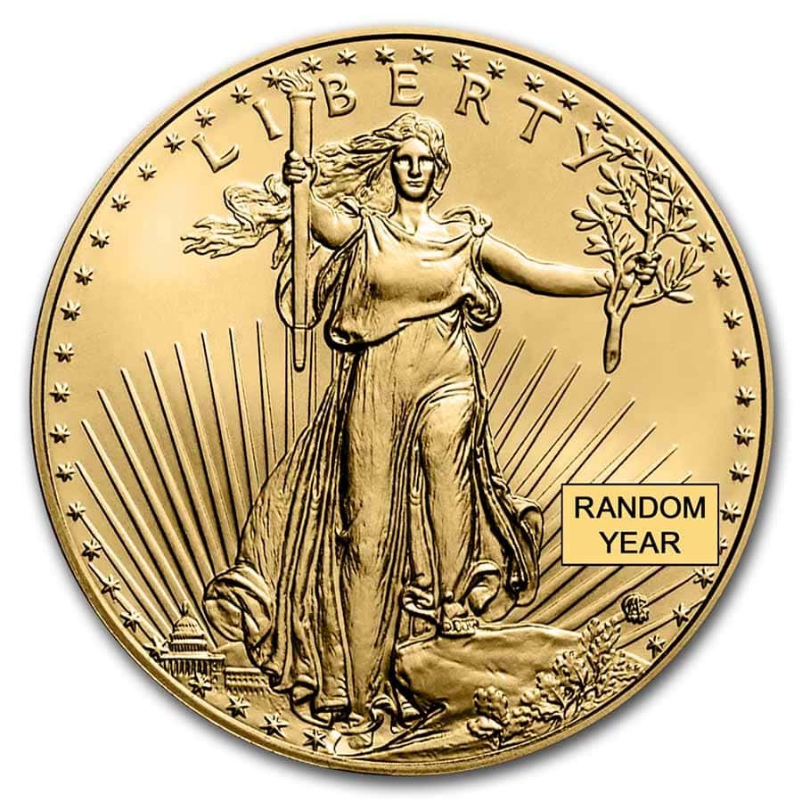 Brass American Eagle .25 oz Gold BU coin, front view, 2023, US Mint, detailed Lady Liberty design, collectible and.