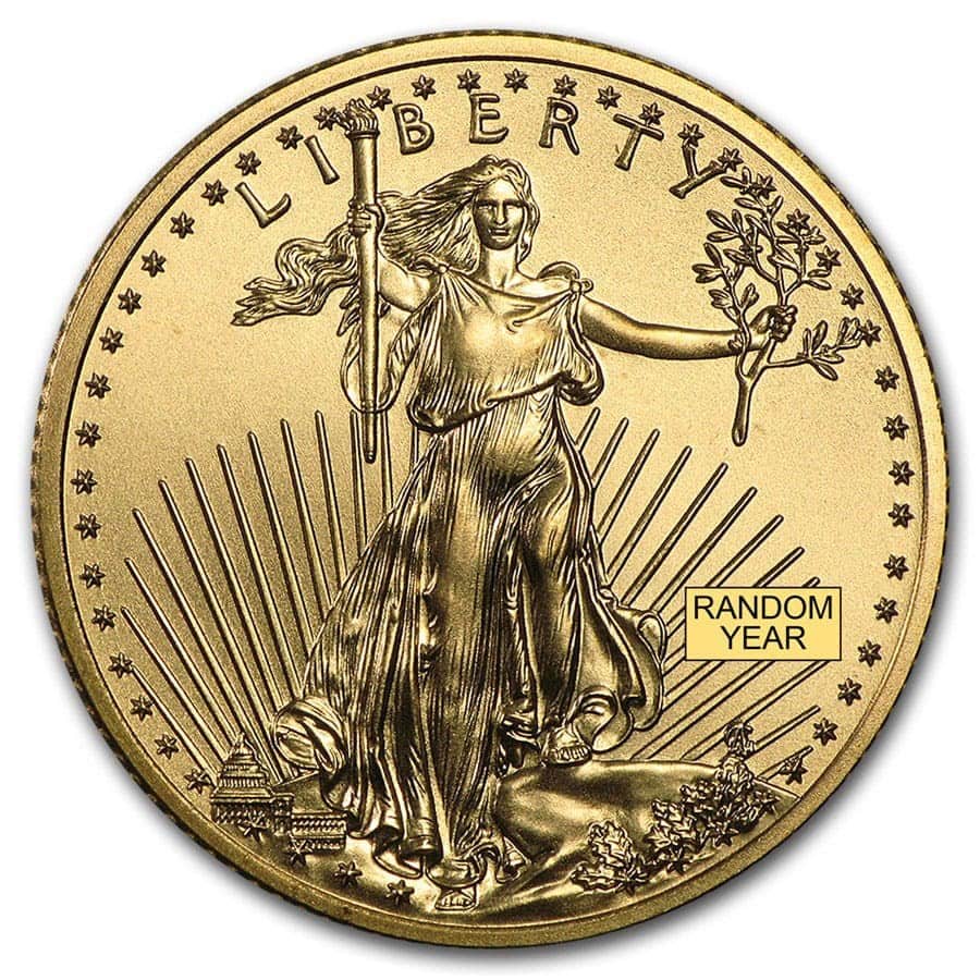 Shallow angle view of the American Eagle .25 oz Gold BU Coin, 2023, Minted by the US Mint, featuring a detailed dep.