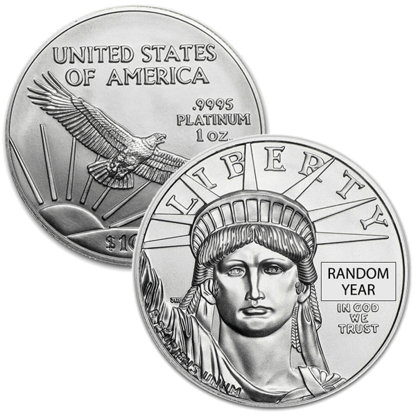 The American Eagle 1 oz Platinum Coin, random year, minted by the US Mint, features a front and back design, showca.