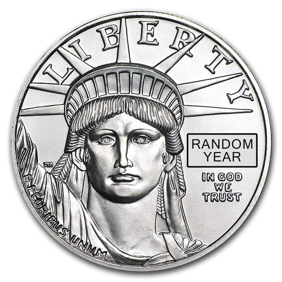 Shiny platinum American Eagle coin, 1 oz, minted in 2023, viewed from a detailed angle showcasing the iconic design.
