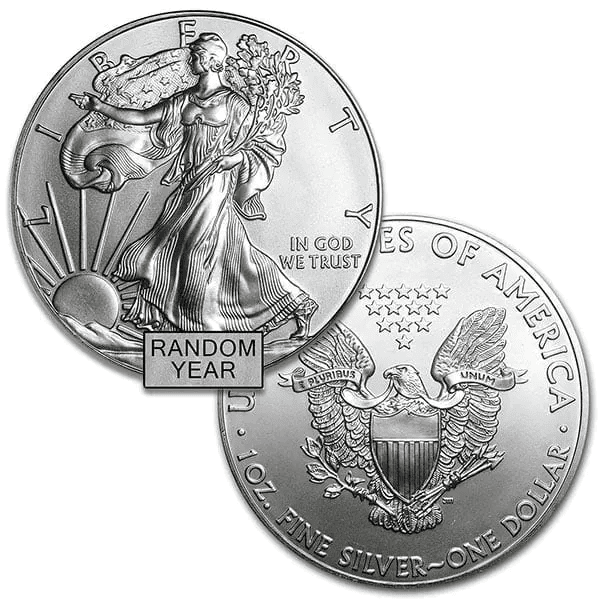 Silver coin featuring the American eagle design, 1 oz, minted in secondary market, year varies, with detailed patri.