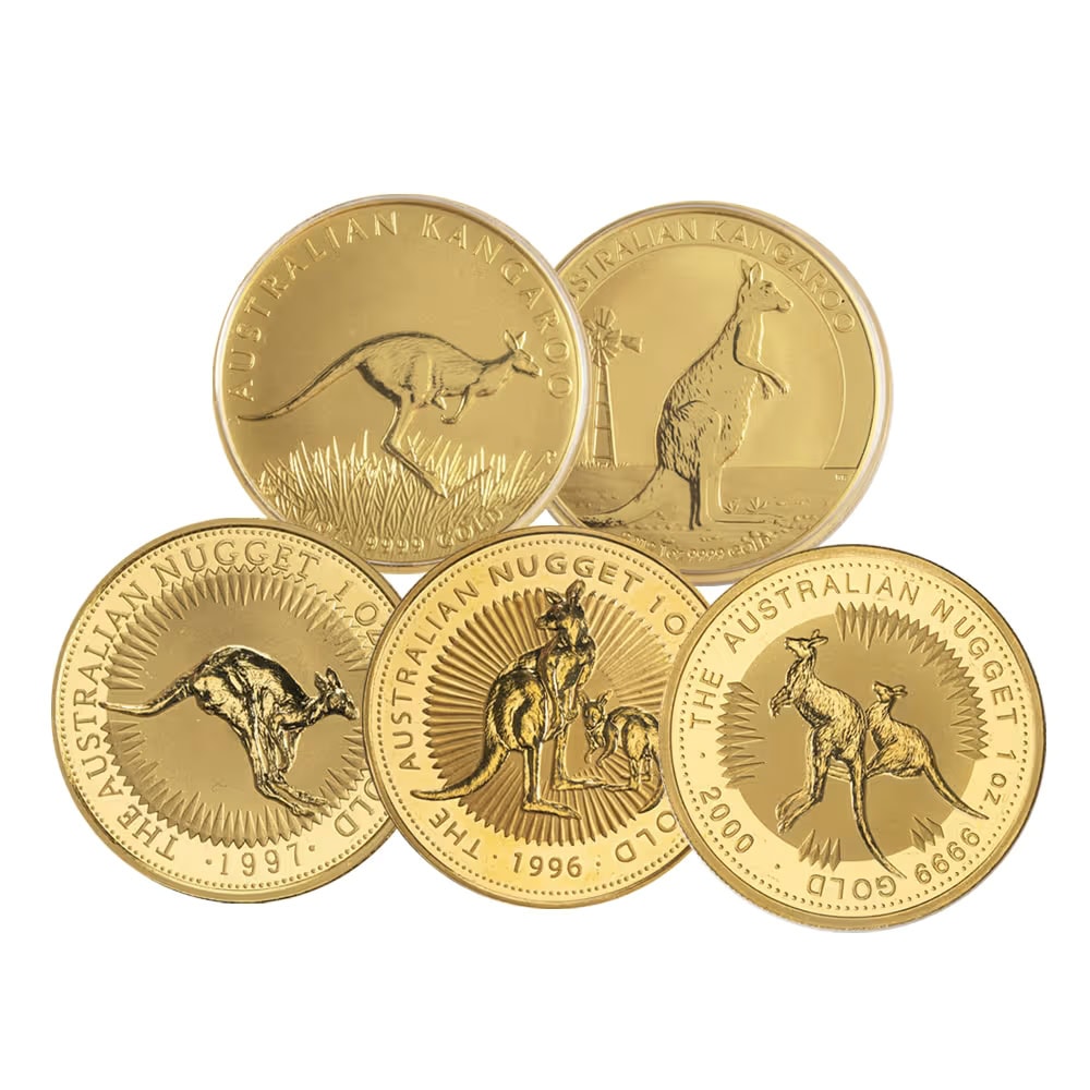 Australian Kangaroo Nugget 1 oz Gold BU coin, minted in 2000 by Perth Mint, featuring a dynamic kangaroo design, pe.