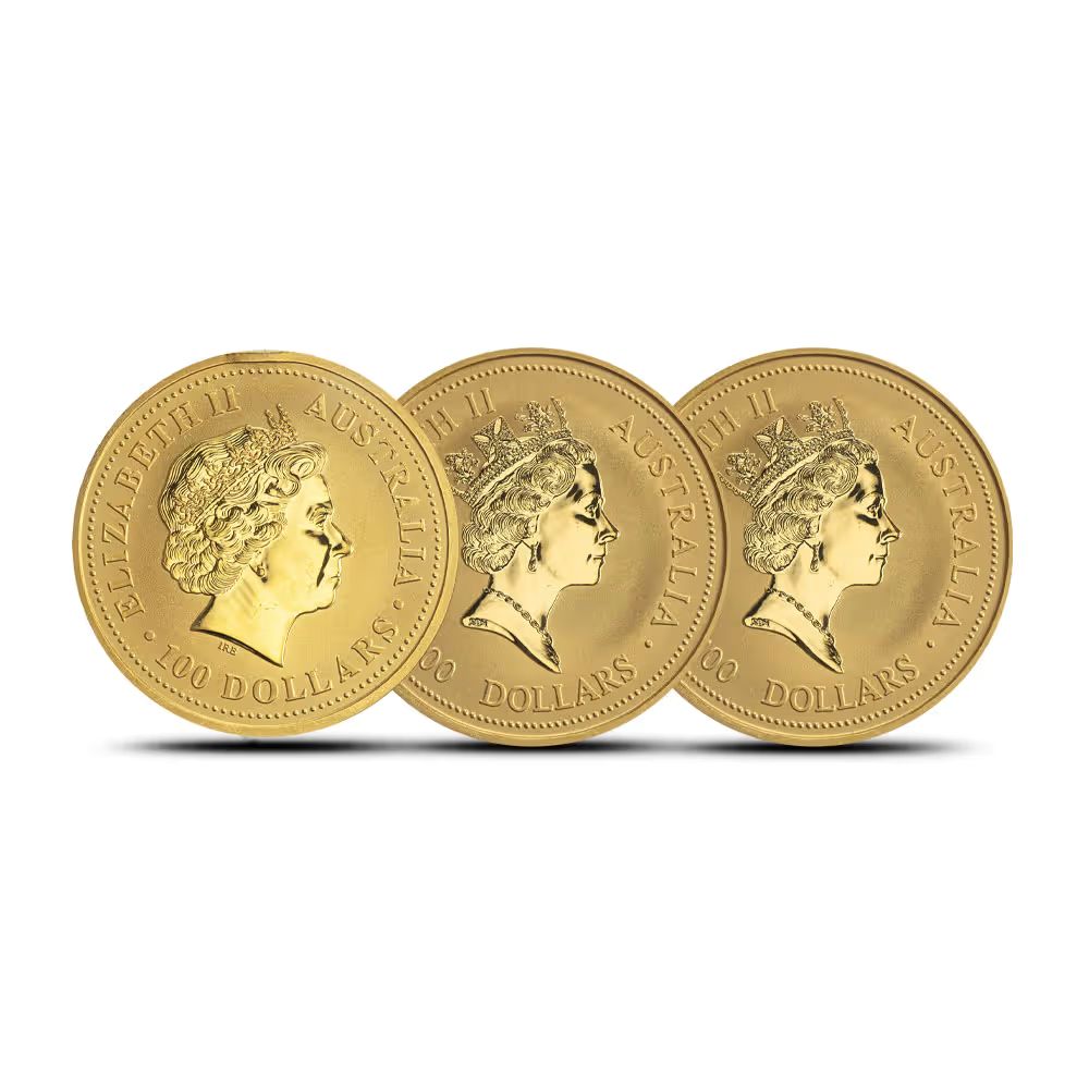 Shiny gold Australian Kangaroo Nugget 1 oz coin, minted in 2023, featuring a detailed side profile, perfect for col.