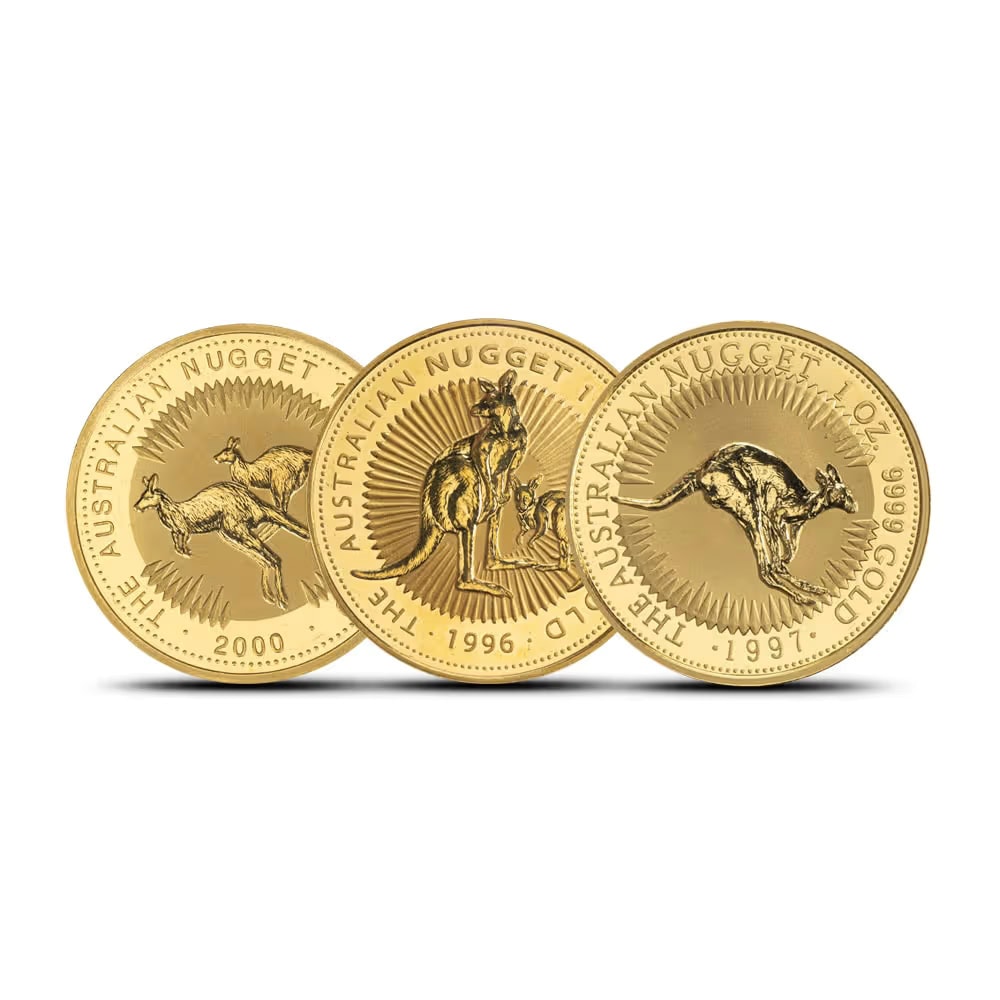 Australian Kangaroo Nugget 1 oz Gold BU coin, minted in 1996, from the Perth Mint, featuring a dynamic kangaroo des.