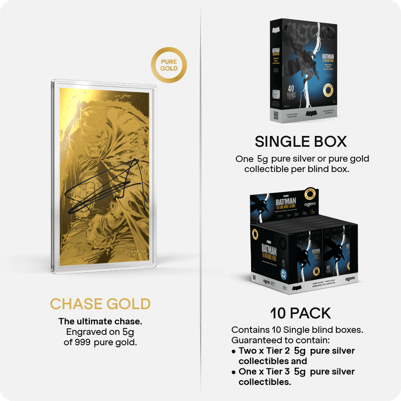 View of Batman collectible in gold, 2023, made by the Perth Mint, weighing 5g, featuring a dynamic chase theme.