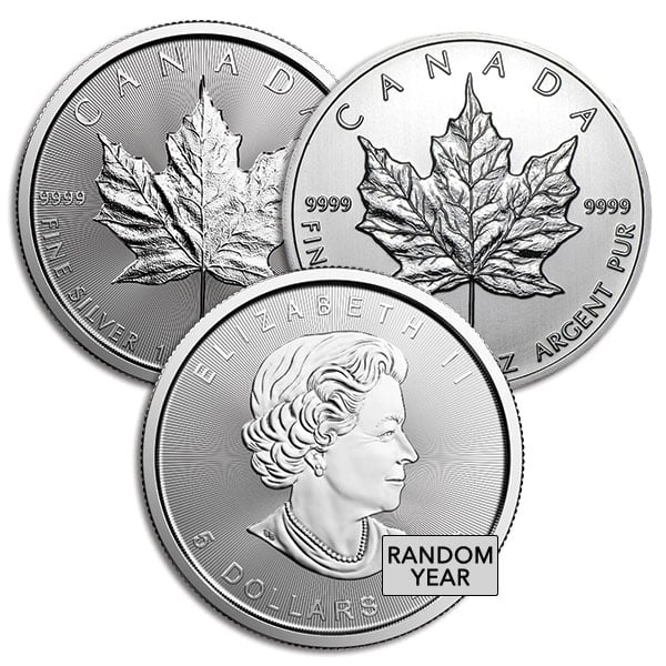 The front view of a 1 oz silver Canadian Maple Leaf coin, minted in 2023, showcasing a detailed maple leaf design,.