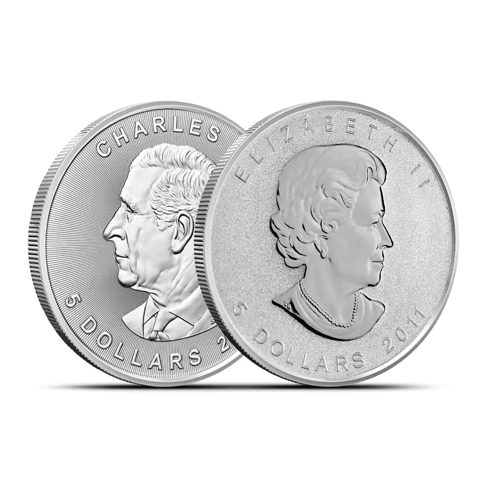 Front view of 1 oz Silver Canadian Maple Leaf coin, 2011, Royal Canadian Mint, BU, featuring Queen Elizabeth II.