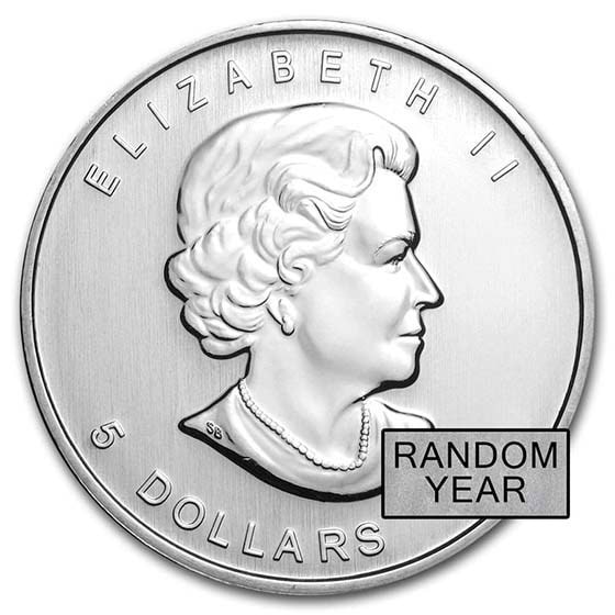 Close-up of a 1 oz silver Canadian Maple Leaf coin, minted in 2023, showing Elizabeth II from a side angle, with "R.