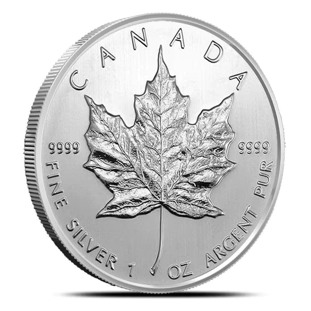 The image filename suggests a Canadian Maple Leaf 1 oz Silver BU coin, random year, minted by the Royal Canadian Mi.