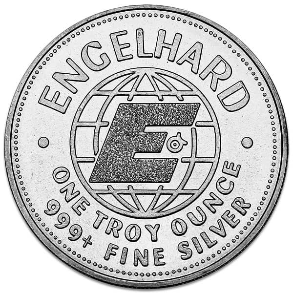 Engelhard Prospector 1 oz Silver Round, random year, minted by Engelhard, close-up angle, 1 oz fine silver, collect.