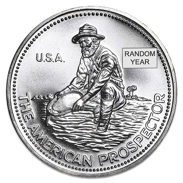 Engelhard Prospector 1 oz Silver Round, random year, made by Engelhard, featuring a detailed prospector design, per.