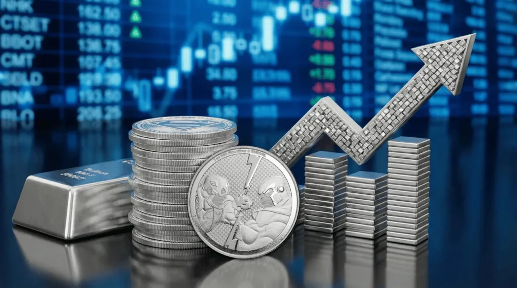 Shiny silver Iron Man pop culture coin, minted in 2023 by the Marvel Mint, 1 oz weight, angled view highlighting de.