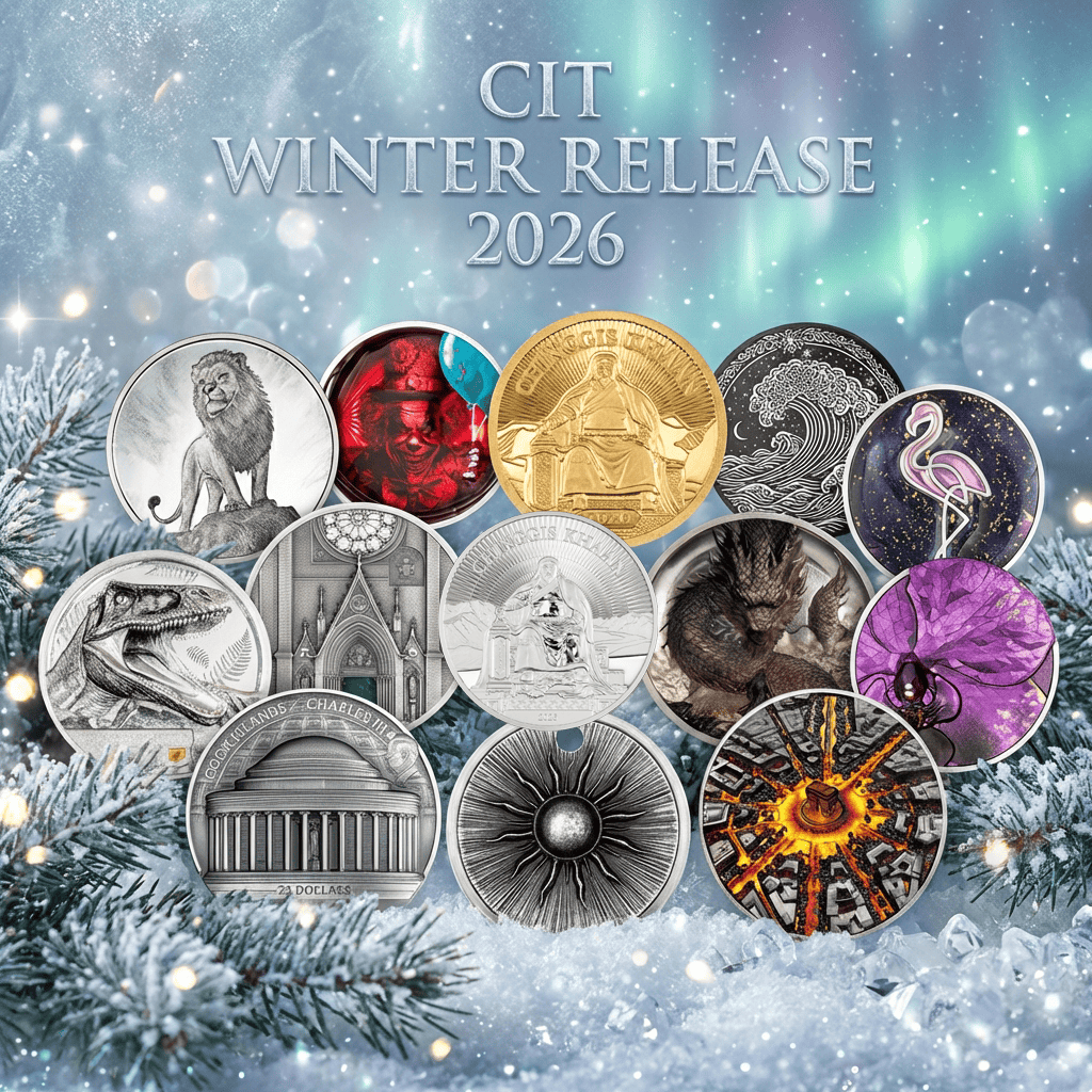 Shallow angle view of 2026 CIT Winter Release coins, minted by the Royal Canadian Mint, weighing 1 oz each, featuri.