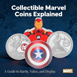 Close-up of collectible Marvel coins, front and side angles, 2023, Mint of New York, 50g, featuring Iron Man, Spide.