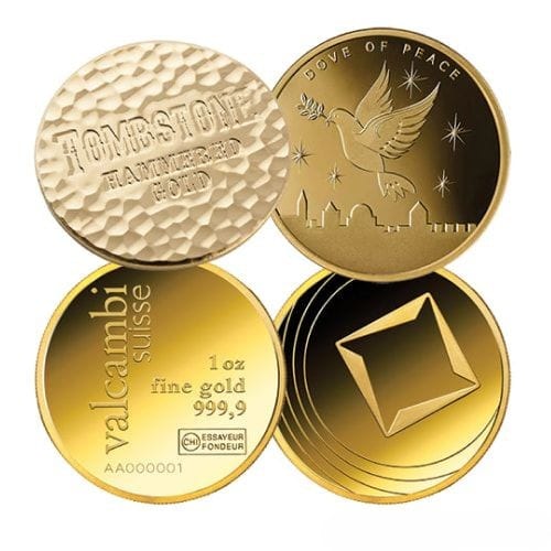 1 oz gold round from 2023, Valcambi mint, featuring Dove of Peace design, viewed from a slight angle, with varied c.