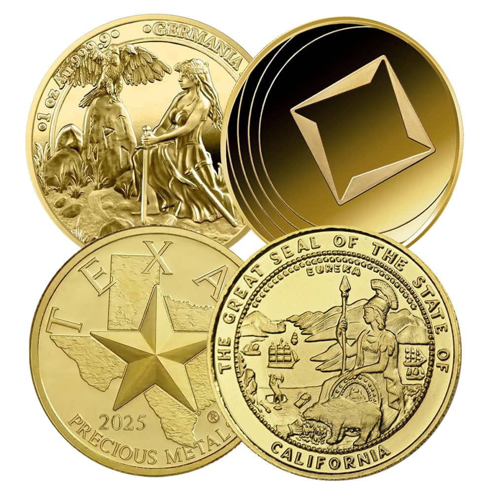 1 oz Gold Round Our Choice Varied Condition GR Reserve, viewed from a slight angle, minted in 2025, featuring a cla.