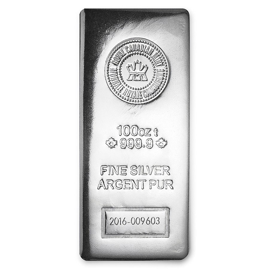 Bright angle view of 100 oz Royal Canadian Mint Silver Bar, 2016, featuring detailed engravings and mint logo, show.