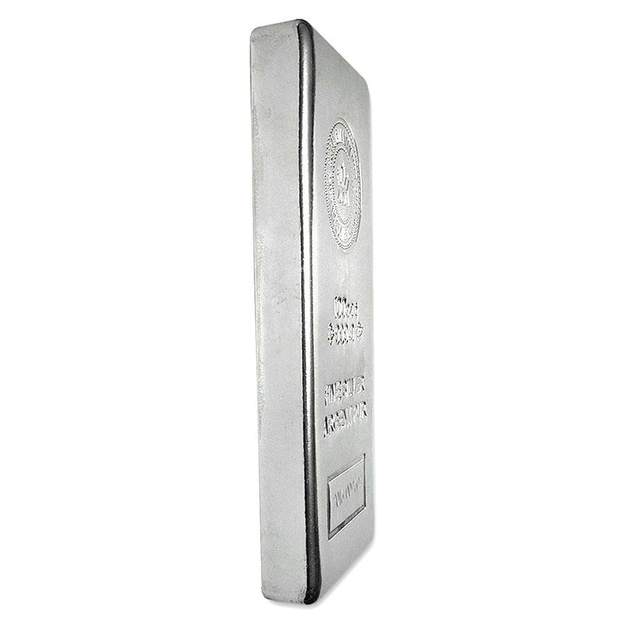 A silver bar from the Royal Canadian Mint, angled view, 2023, 100 oz, featuring the 'Our Choice' theme, Reserve sid.